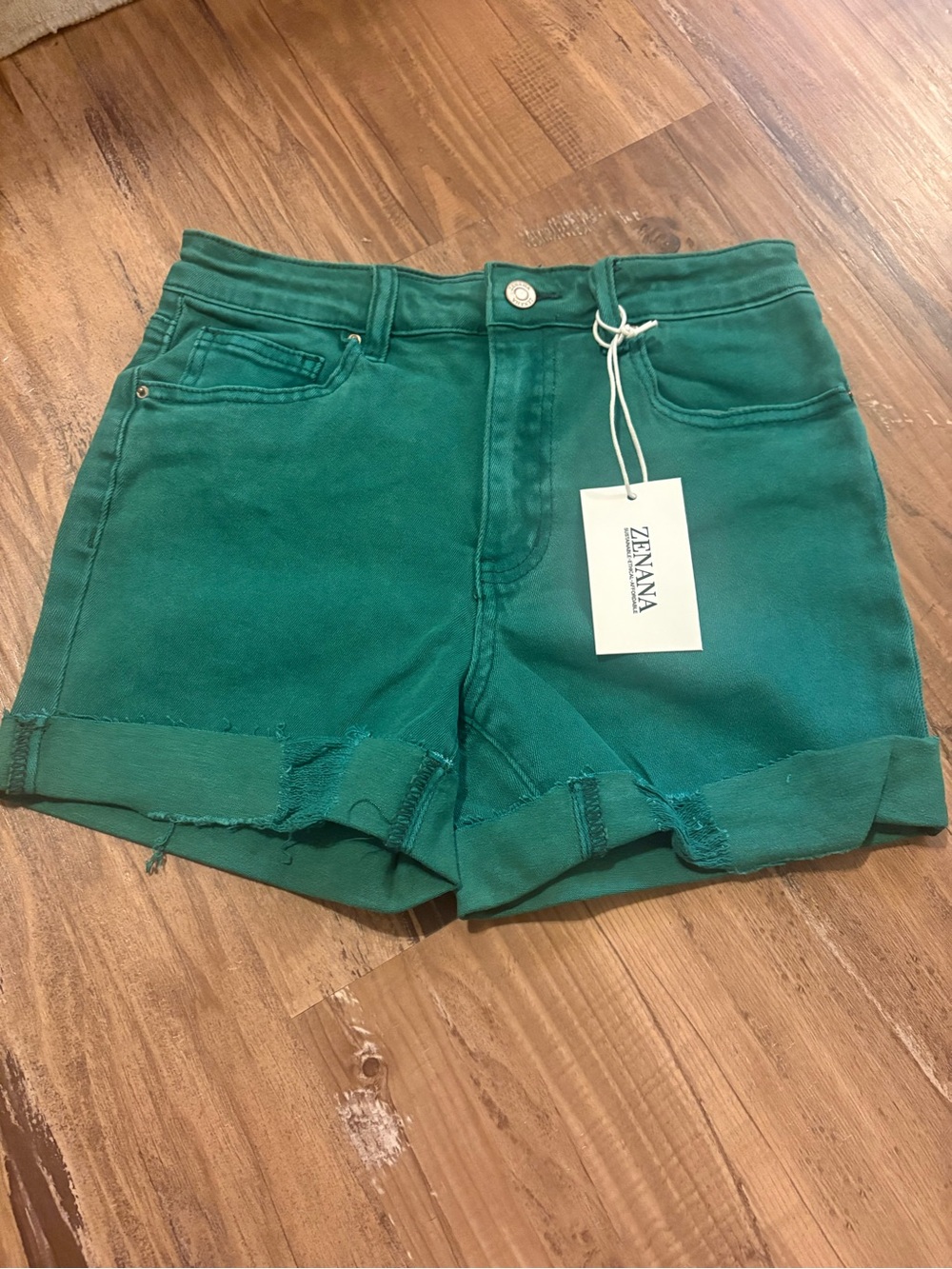 Zenana Outfitters Teal-Green Rolled Hem Denim Shorts